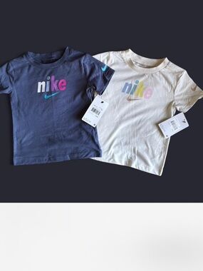 Nike Kids Short Sleeve Logo Tees - Navy & Cream with Pastel Logo
